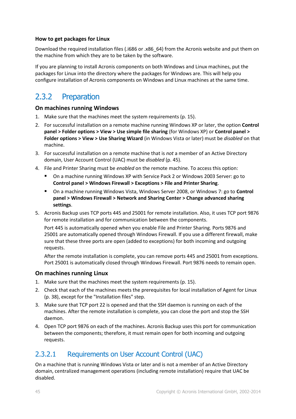 2 preparation, 1 requirements on user account control (uac), Preparation | P. 45) | Acronis Backup for Windows Server Essentials - Installation Guide User Manual | Page 45 / 64