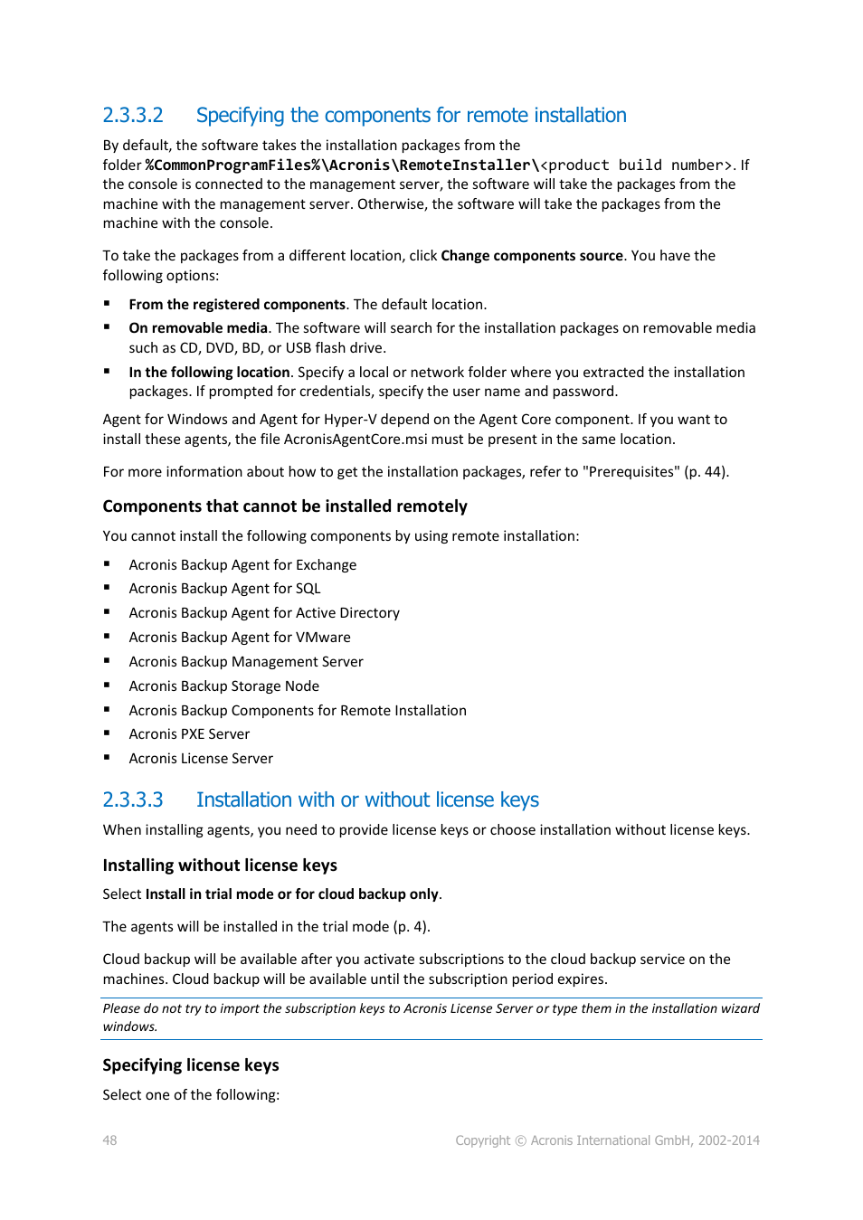 3 installation with or without license keys, P. 48) | Acronis Backup for Windows Server Essentials - Installation Guide User Manual | Page 48 / 64