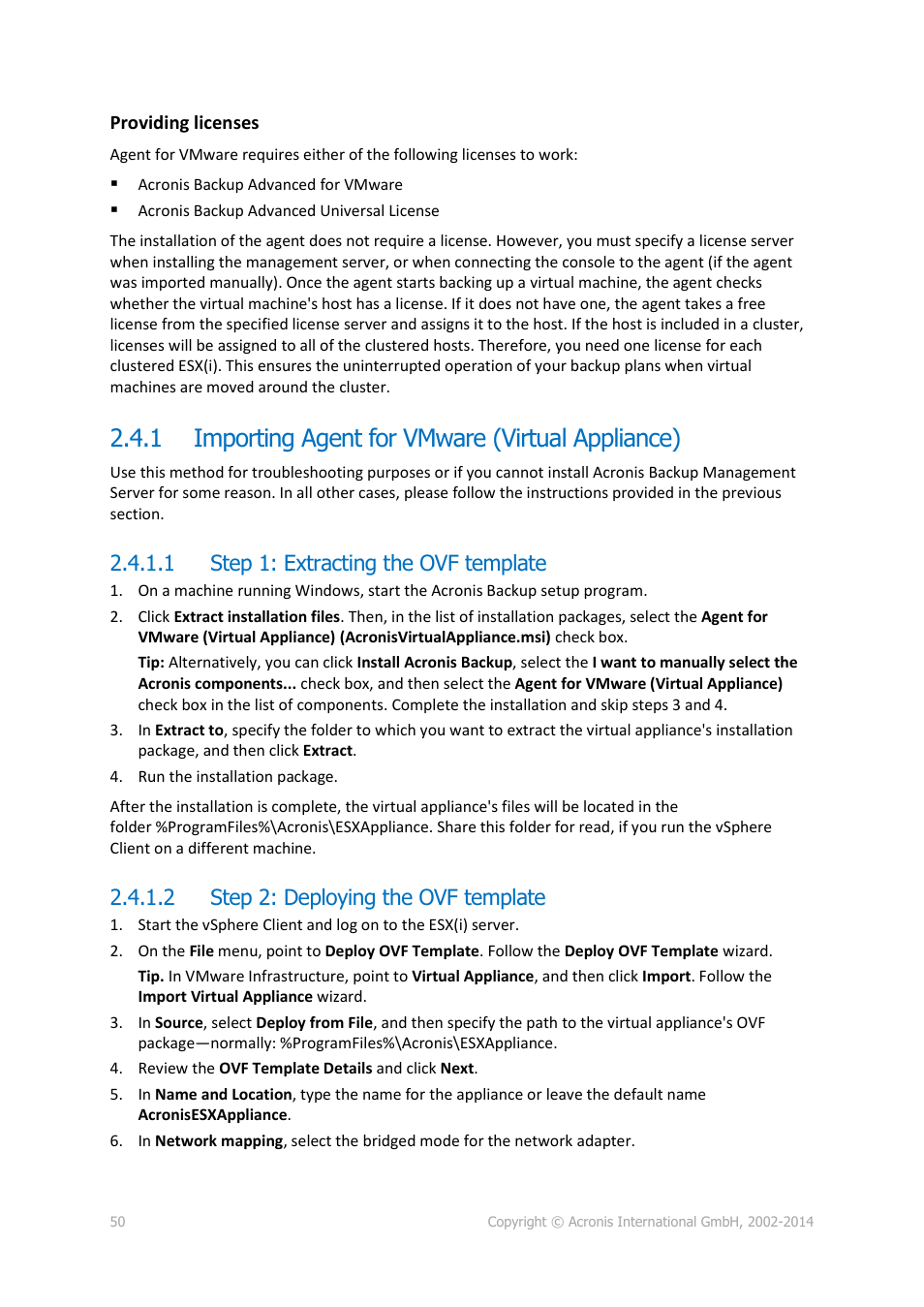 1 importing agent for vmware (virtual appliance), 1 step 1: extracting the ovf template, 2 step 2: deploying the ovf template | Importing agent for vmware (virtual appliance) | Acronis Backup for Windows Server Essentials - Installation Guide User Manual | Page 50 / 64