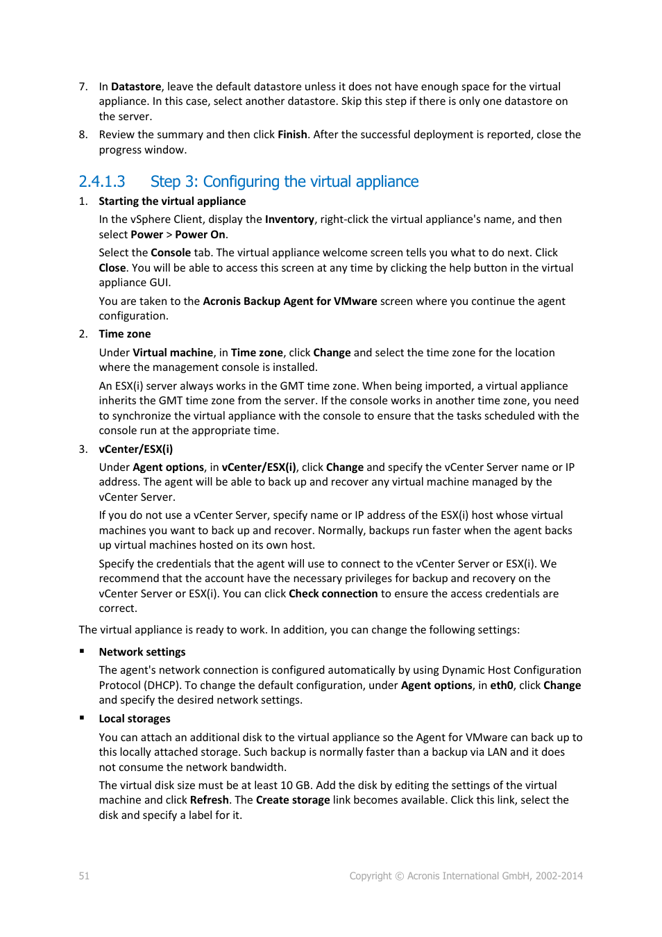 3 step 3: configuring the virtual appliance | Acronis Backup for Windows Server Essentials - Installation Guide User Manual | Page 51 / 64