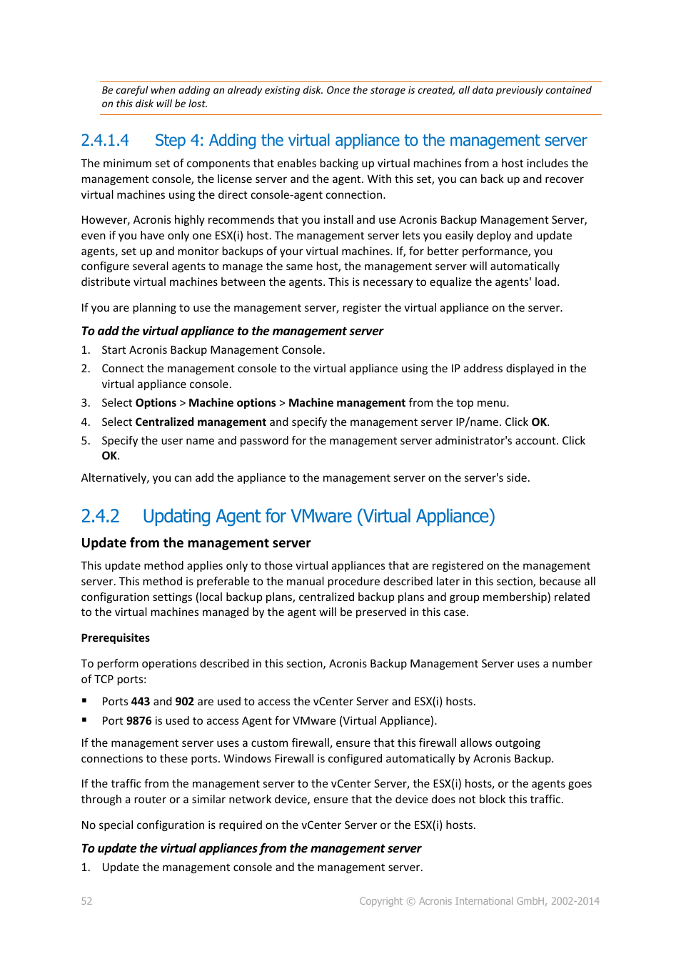 2 updating agent for vmware (virtual appliance), Updating agent for vmware (virtual appliance) | Acronis Backup for Windows Server Essentials - Installation Guide User Manual | Page 52 / 64