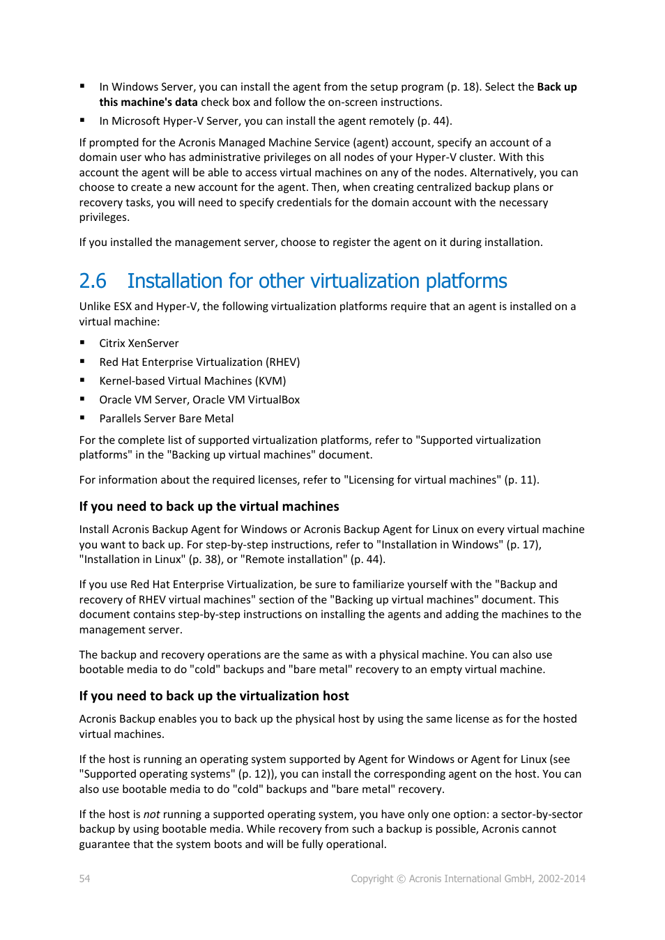 6 installation for other virtualization platforms, Installation for other virtualization platforms | Acronis Backup for Windows Server Essentials - Installation Guide User Manual | Page 54 / 64