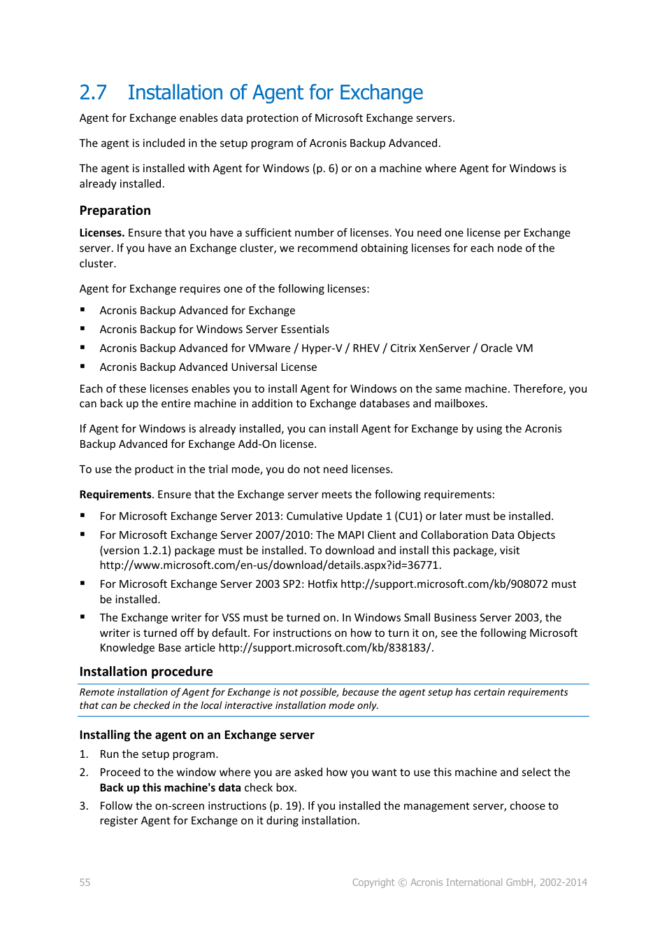 7 installation of agent for exchange, Installation of agent for exchange | Acronis Backup for Windows Server Essentials - Installation Guide User Manual | Page 55 / 64