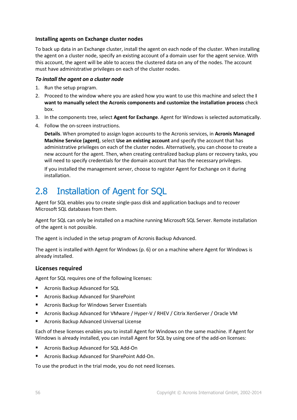 8 installation of agent for sql, Installation of agent for sql, P. 56) | Acronis Backup for Windows Server Essentials - Installation Guide User Manual | Page 56 / 64