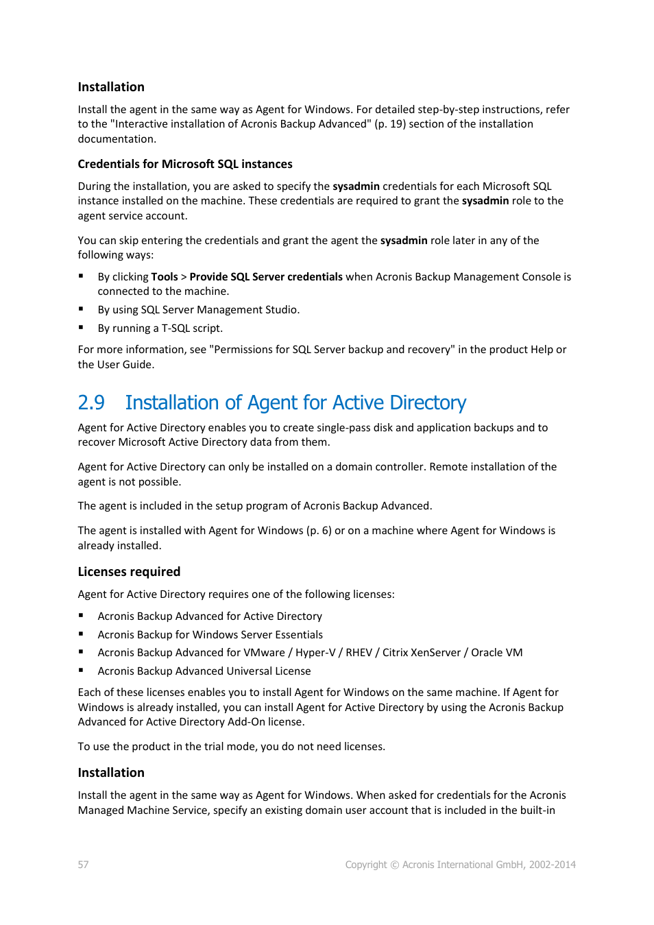 9 installation of agent for active directory, Installation of agent for active directory | Acronis Backup for Windows Server Essentials - Installation Guide User Manual | Page 57 / 64