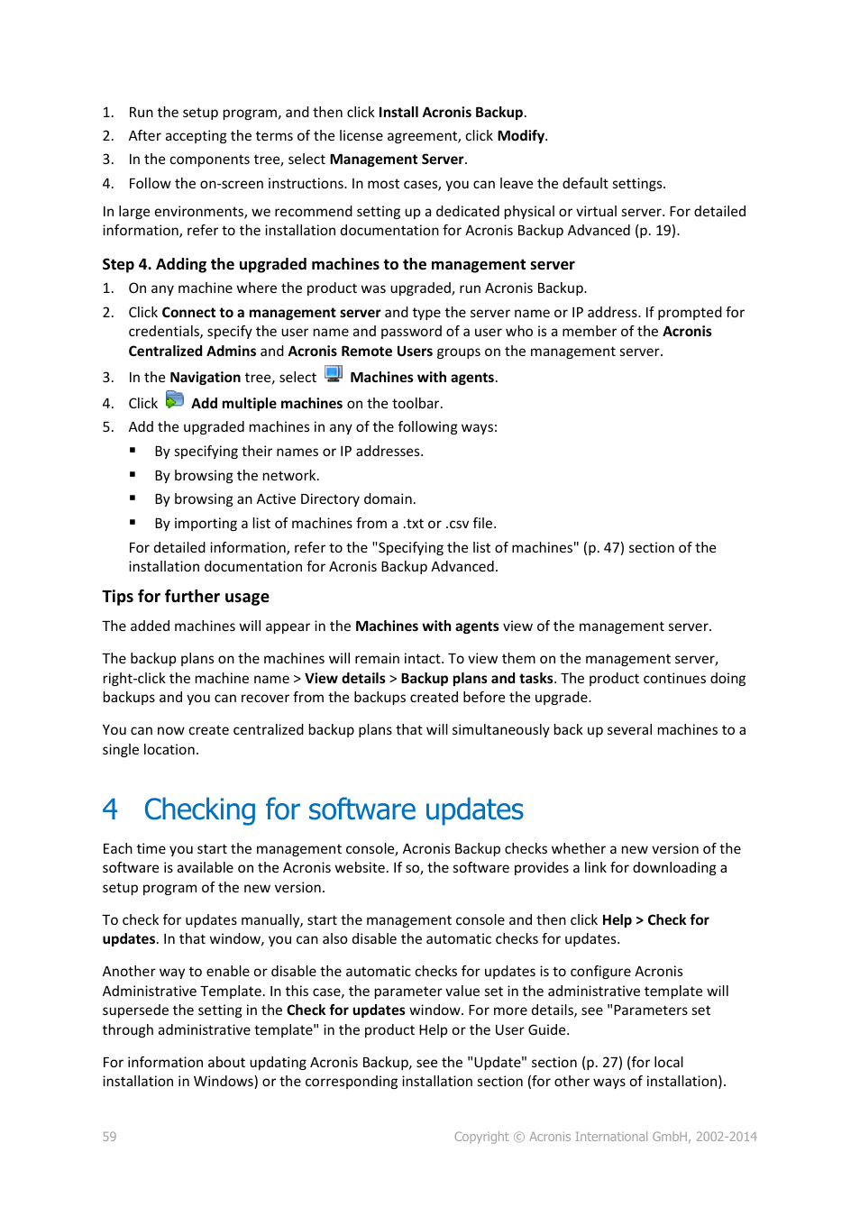 4 checking for software updates, Checking for software updates | Acronis Backup for Windows Server Essentials - Installation Guide User Manual | Page 59 / 64