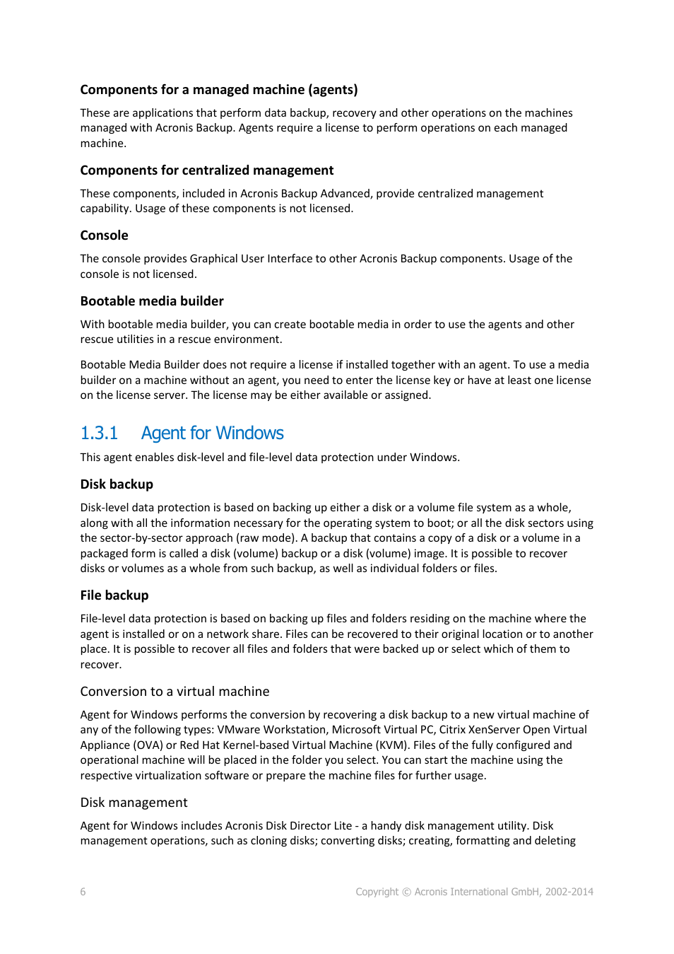 1 agent for windows, Agent for windows | Acronis Backup for Windows Server Essentials - Installation Guide User Manual | Page 6 / 64