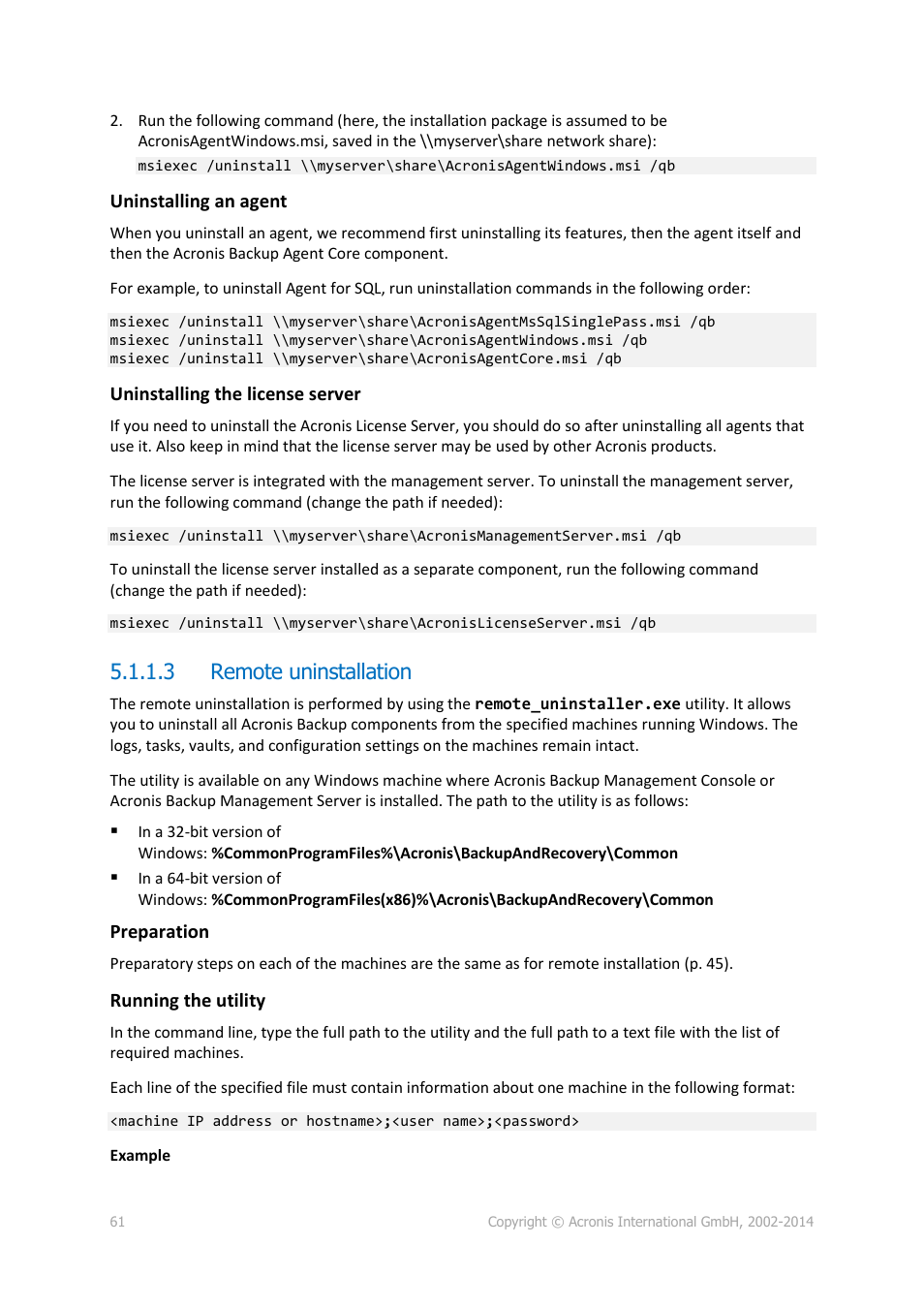 3 remote uninstallation | Acronis Backup for Windows Server Essentials - Installation Guide User Manual | Page 61 / 64