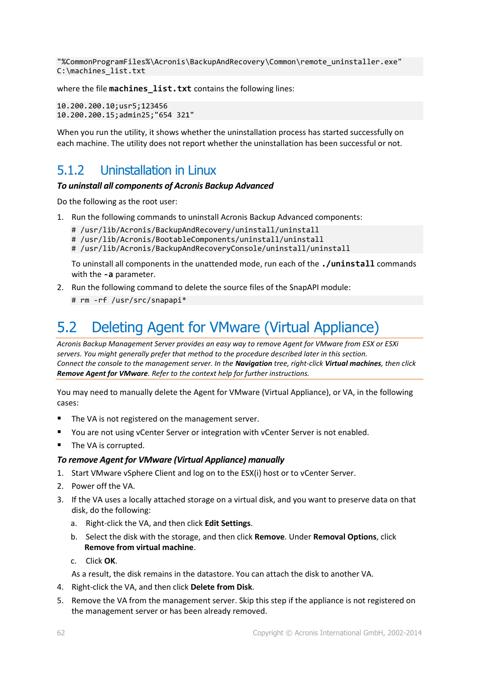 2 uninstallation in linux, 2 deleting agent for vmware (virtual appliance), Uninstallation in linux | Deleting agent for vmware (virtual appliance) | Acronis Backup for Windows Server Essentials - Installation Guide User Manual | Page 62 / 64