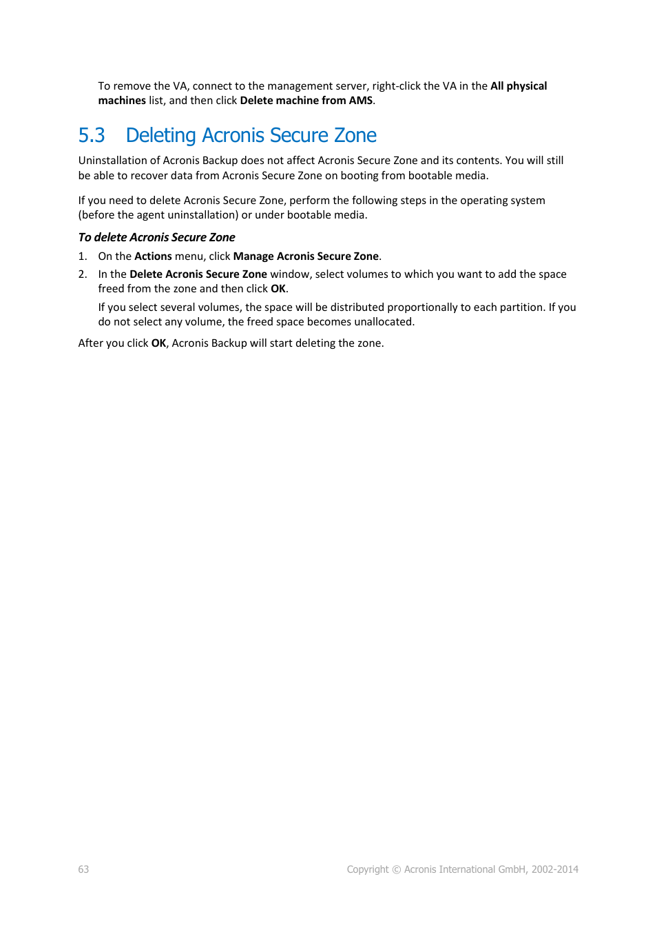 3 deleting acronis secure zone, Deleting acronis secure zone | Acronis Backup for Windows Server Essentials - Installation Guide User Manual | Page 63 / 64
