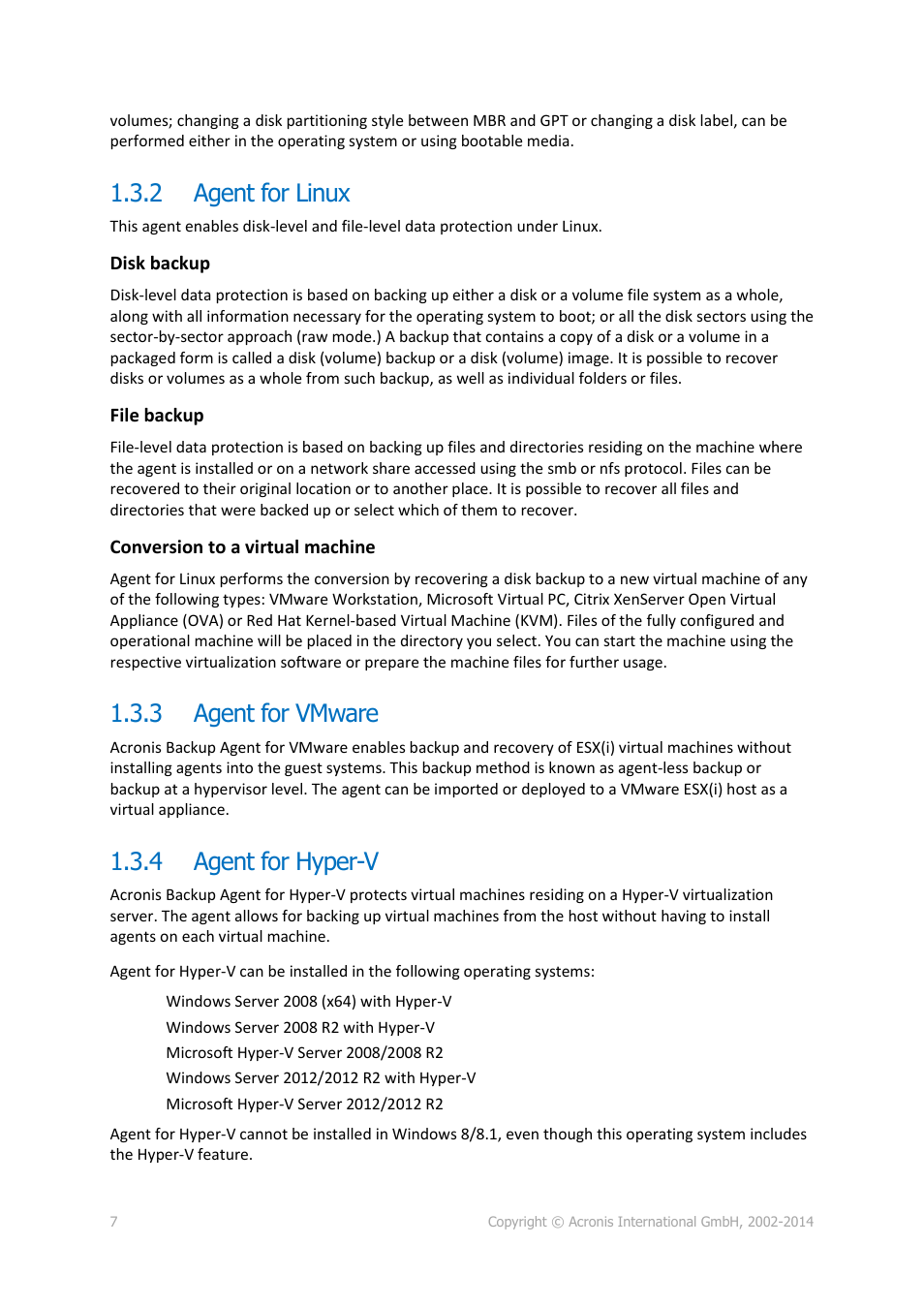 2 agent for linux, 3 agent for vmware, 4 agent for hyper-v | Agent for linux, Agent for vmware, Agent for hyper-v | Acronis Backup for Windows Server Essentials - Installation Guide User Manual | Page 7 / 64