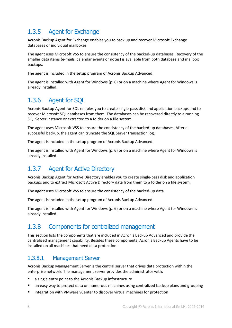 5 agent for exchange, 6 agent for sql, 7 agent for active directory | 8 components for centralized management, 1 management server, Agent for exchange, Agent for sql, Agent for active directory, Components for centralized management | Acronis Backup for Windows Server Essentials - Installation Guide User Manual | Page 8 / 64