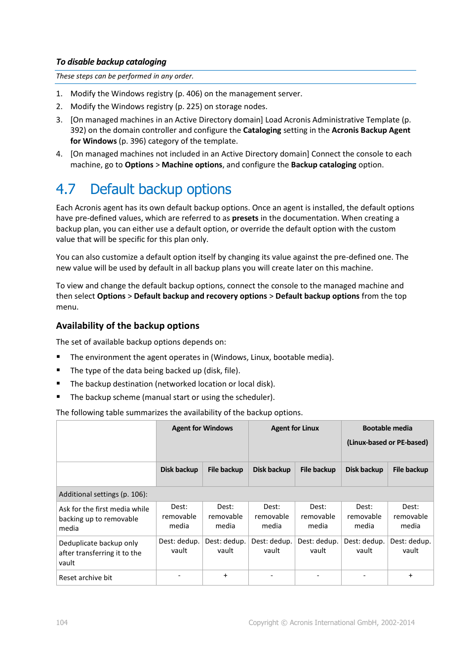 7 default backup options, Default backup options, Availability of the backup options | Acronis Backup for Windows Server Essentials - User Guide User Manual | Page 104 / 442