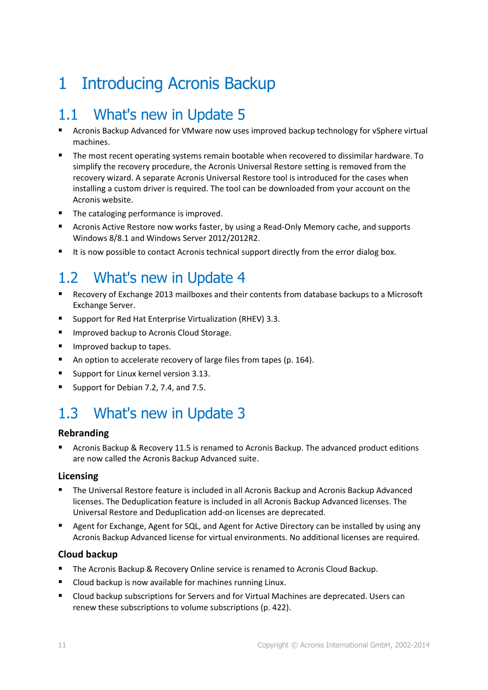 1 introducing acronis backup, 1 what's new in update 5, 2 what's new in update 4 | 3 what's new in update 3, Introducing acronis backup, What's new in update 5, What's new in update 4, What's new in update 3 | Acronis Backup for Windows Server Essentials - User Guide User Manual | Page 11 / 442