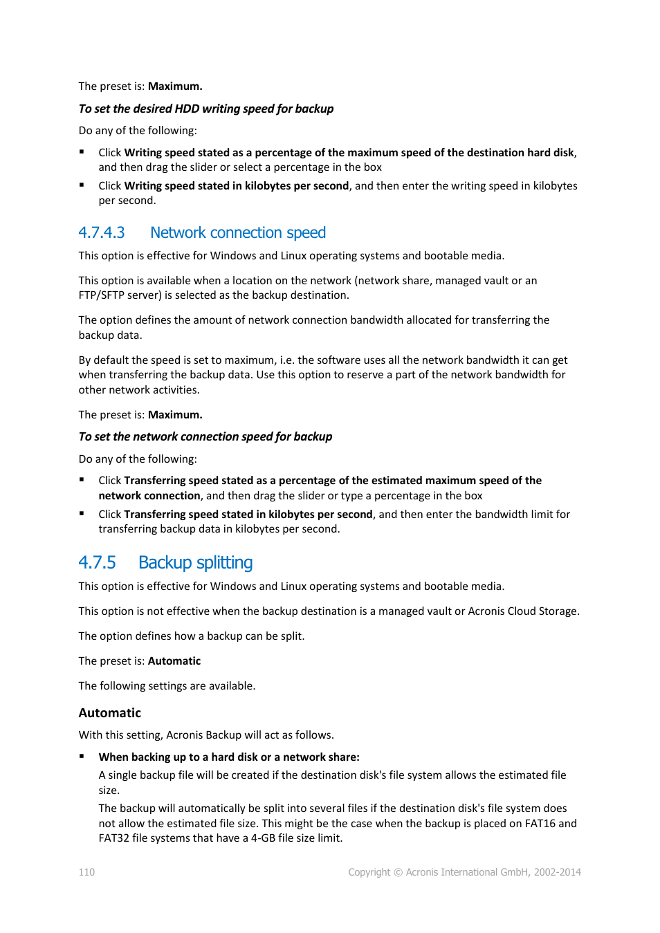 3 network connection speed, 5 backup splitting, Backup splitting | Acronis Backup for Windows Server Essentials - User Guide User Manual | Page 110 / 442