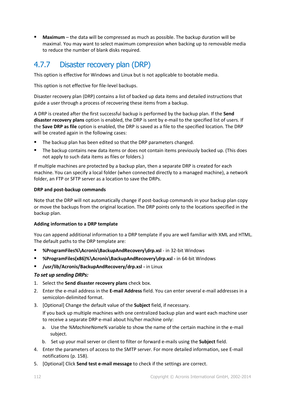 7 disaster recovery plan (drp), Disaster recovery plan (drp) | Acronis Backup for Windows Server Essentials - User Guide User Manual | Page 112 / 442