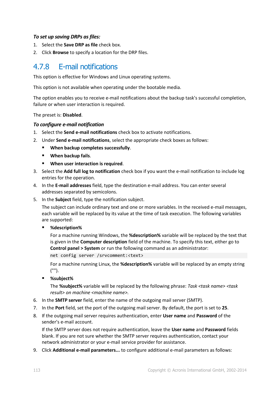 8 e-mail notifications, E-mail notifications | Acronis Backup for Windows Server Essentials - User Guide User Manual | Page 113 / 442