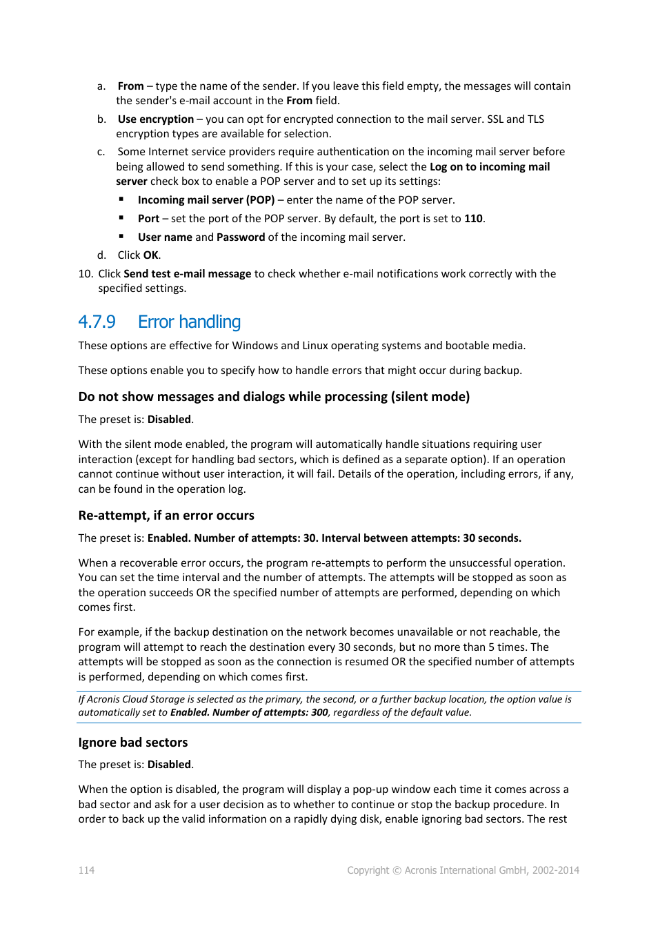 9 error handling, Error handling | Acronis Backup for Windows Server Essentials - User Guide User Manual | Page 114 / 442