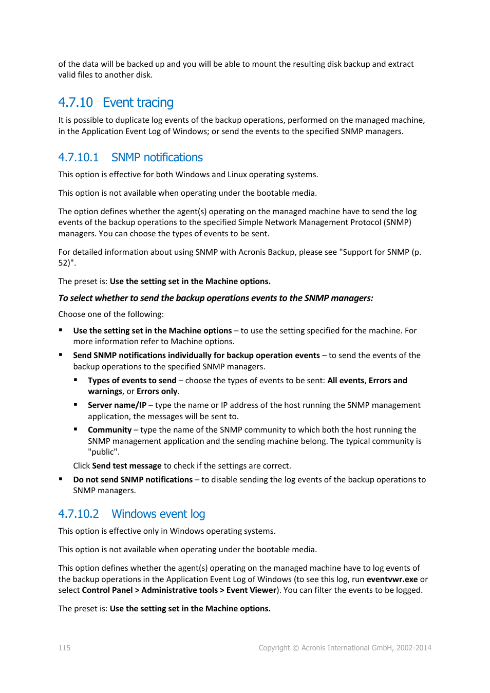 10 event tracing, 1 snmp notifications, 2 windows event log | Acronis Backup for Windows Server Essentials - User Guide User Manual | Page 115 / 442