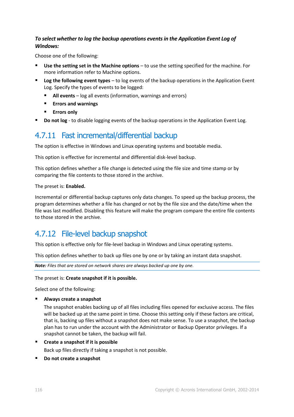 11 fast incremental/differential backup, 12 file-level backup snapshot | Acronis Backup for Windows Server Essentials - User Guide User Manual | Page 116 / 442