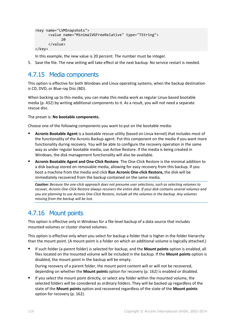 15 media components, 16 mount points, 15 media components 4.7.16 mount points | Acronis Backup for Windows Server Essentials - User Guide User Manual | Page 119 / 442