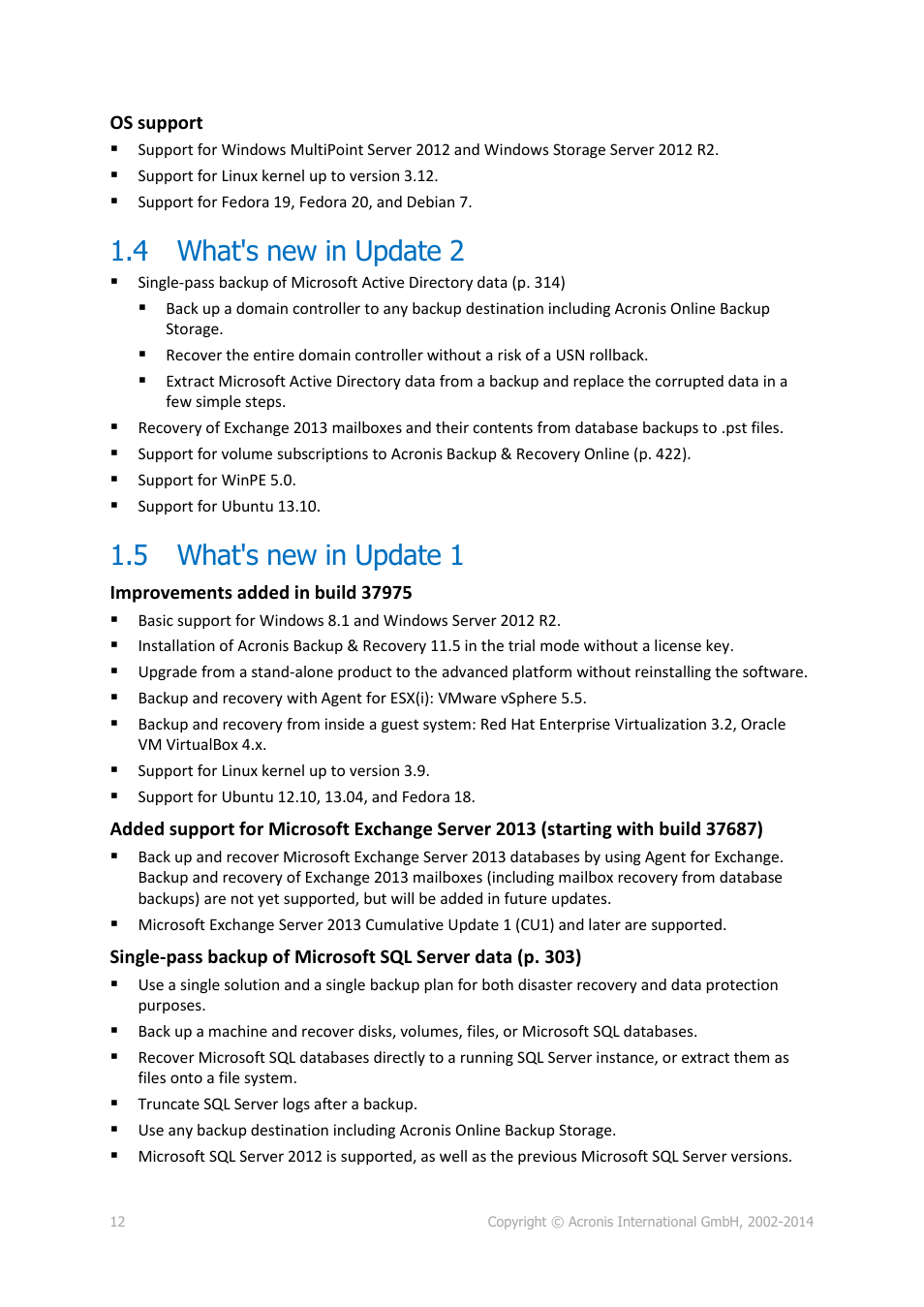 4 what's new in update 2, 5 what's new in update 1, What's new in update 2 | What's new in update 1 | Acronis Backup for Windows Server Essentials - User Guide User Manual | Page 12 / 442