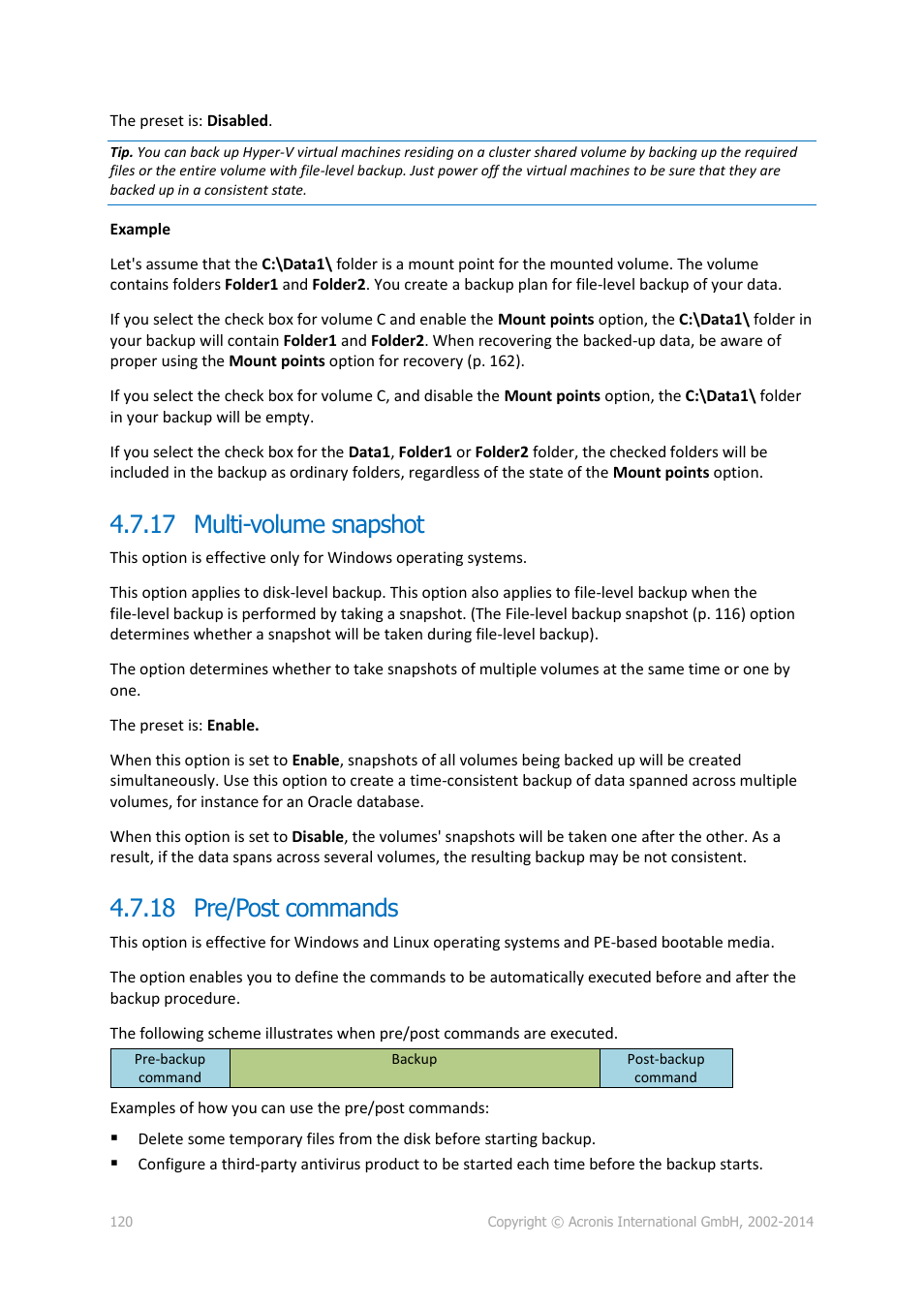 17 multi-volume snapshot, 18 pre/post commands, 17 multi-volume snapshot 4.7.18 pre/post commands | Acronis Backup for Windows Server Essentials - User Guide User Manual | Page 120 / 442