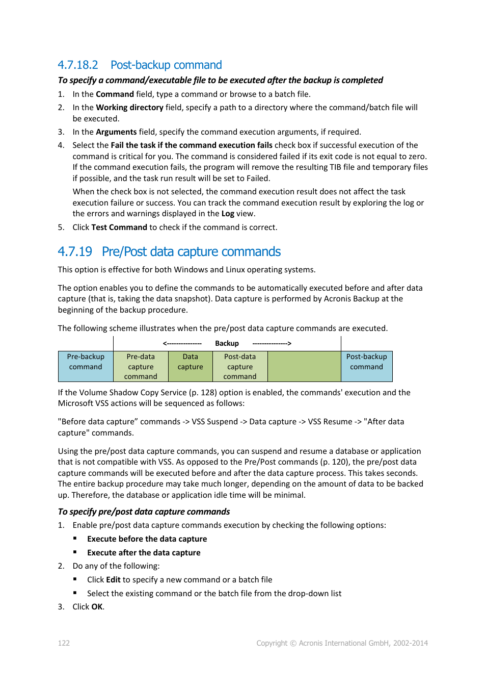 2 post-backup command, 19 pre/post data capture commands | Acronis Backup for Windows Server Essentials - User Guide User Manual | Page 122 / 442