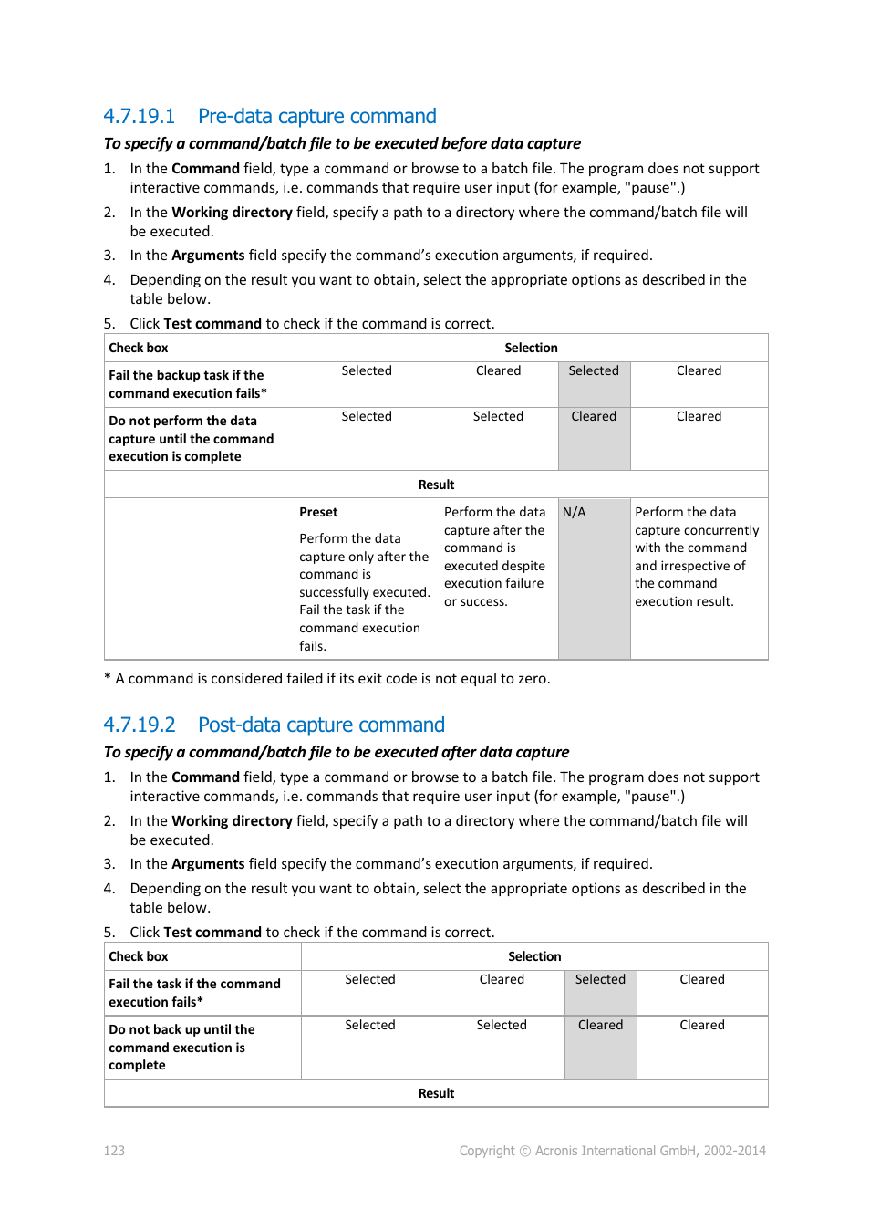 1 pre-data capture command, 2 post-data capture command | Acronis Backup for Windows Server Essentials - User Guide User Manual | Page 123 / 442