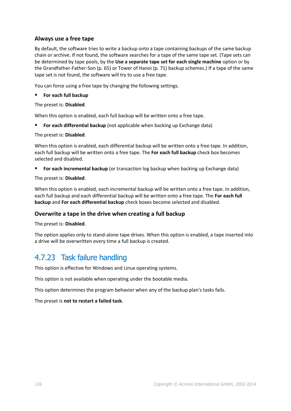 23 task failure handling | Acronis Backup for Windows Server Essentials - User Guide User Manual | Page 126 / 442