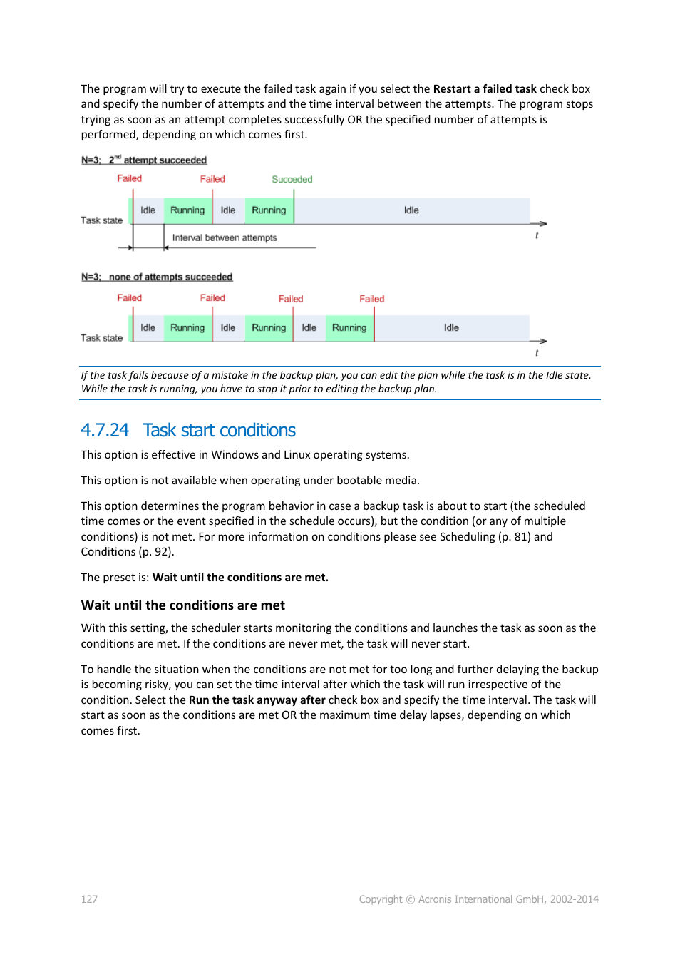 24 task start conditions | Acronis Backup for Windows Server Essentials - User Guide User Manual | Page 127 / 442