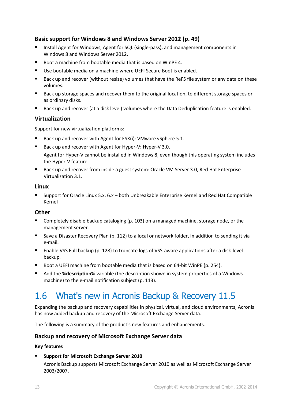 6 what's new in acronis backup & recovery 11.5, What's new in acronis backup & recovery 11.5 | Acronis Backup for Windows Server Essentials - User Guide User Manual | Page 13 / 442