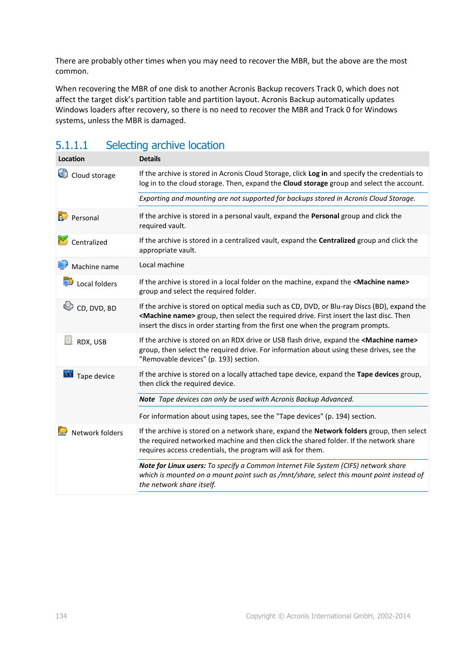 1 selecting archive location | Acronis Backup for Windows Server Essentials - User Guide User Manual | Page 134 / 442