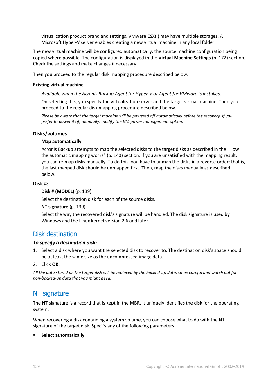Disk destination, Nt signature | Acronis Backup for Windows Server Essentials - User Guide User Manual | Page 139 / 442