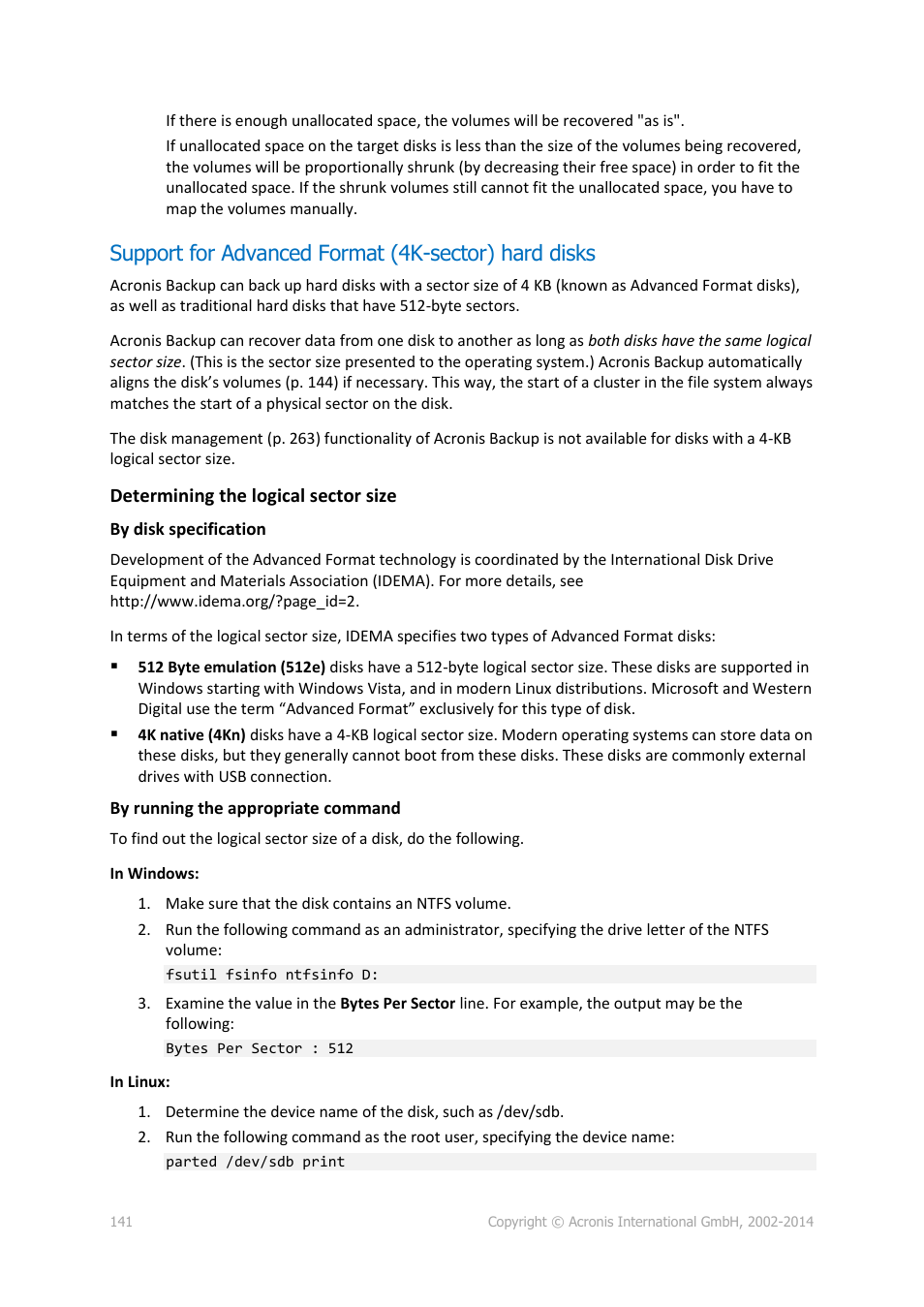 Support for advanced format (4k-sector) hard disks | Acronis Backup for Windows Server Essentials - User Guide User Manual | Page 141 / 442