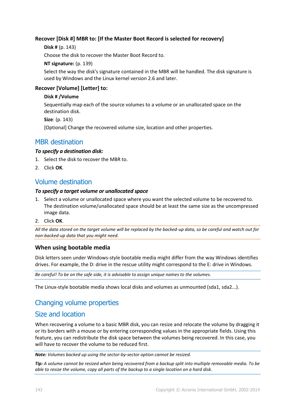 Mbr destination, Volume destination, Changing volume properties | Size and location, Changing volume properties size and location | Acronis Backup for Windows Server Essentials - User Guide User Manual | Page 143 / 442