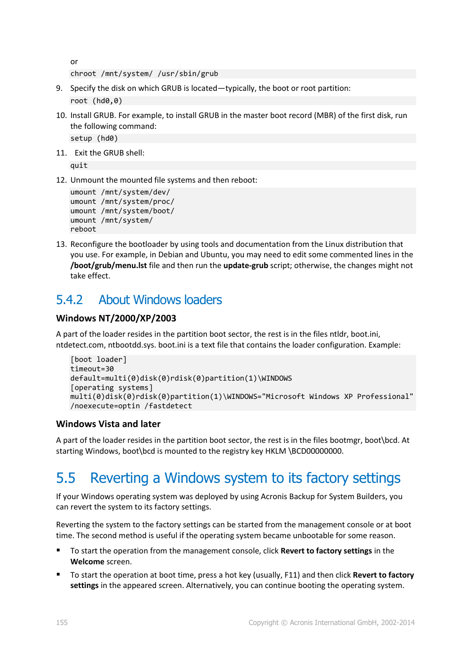 2 about windows loaders, About windows loaders, Reverting a windows system to its factory settings | Acronis Backup for Windows Server Essentials - User Guide User Manual | Page 155 / 442