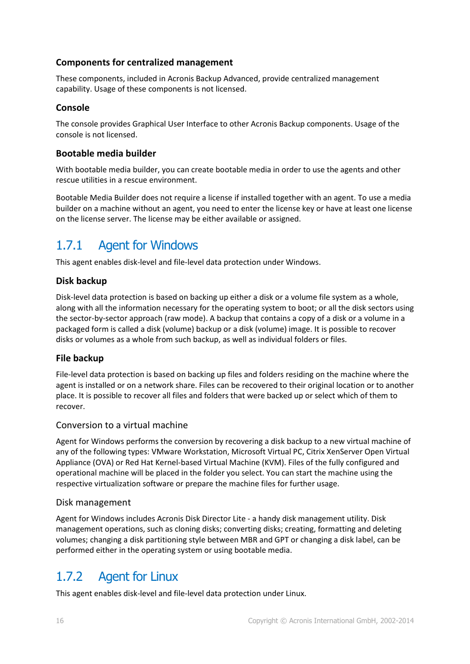 1 agent for windows, 2 agent for linux, Agent for windows | Agent for linux | Acronis Backup for Windows Server Essentials - User Guide User Manual | Page 16 / 442