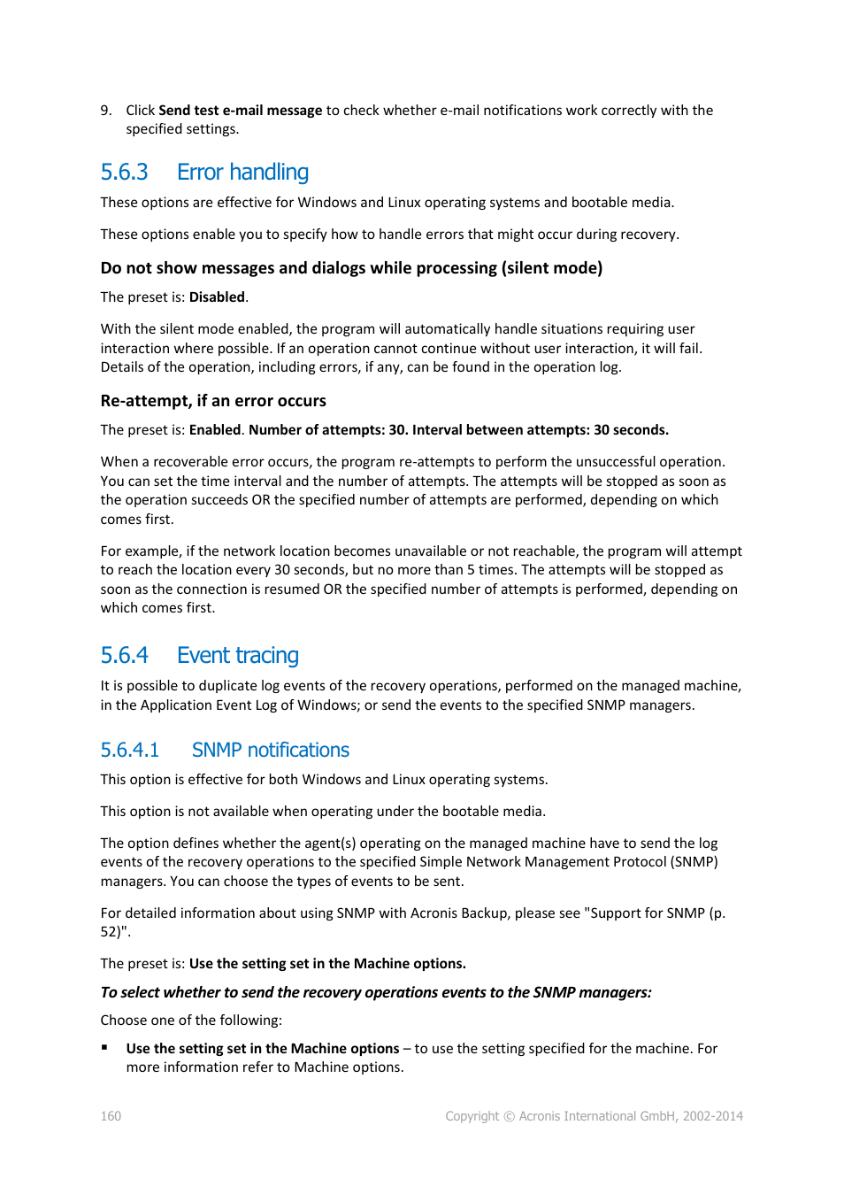 3 error handling, 4 event tracing, 1 snmp notifications | Error handling, Event tracing | Acronis Backup for Windows Server Essentials - User Guide User Manual | Page 160 / 442