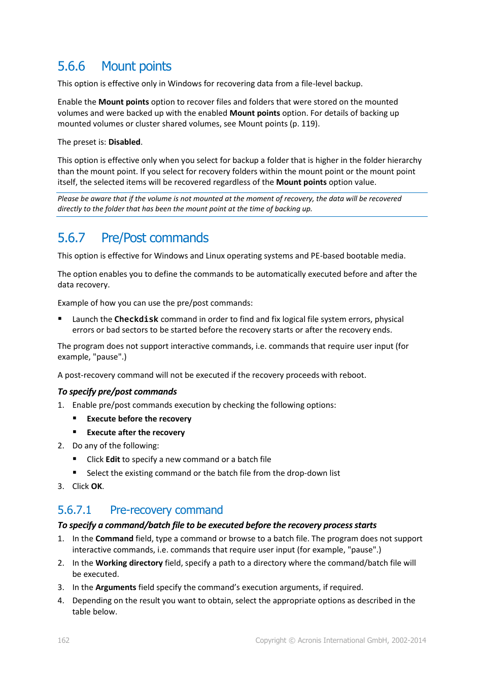 6 mount points, 7 pre/post commands, 1 pre-recovery command | Mount points, Pre/post commands | Acronis Backup for Windows Server Essentials - User Guide User Manual | Page 162 / 442