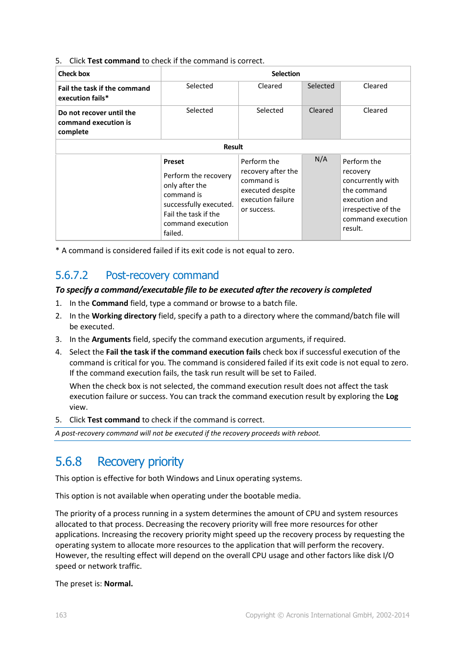 2 post-recovery command, 8 recovery priority, Recovery priority | Acronis Backup for Windows Server Essentials - User Guide User Manual | Page 163 / 442