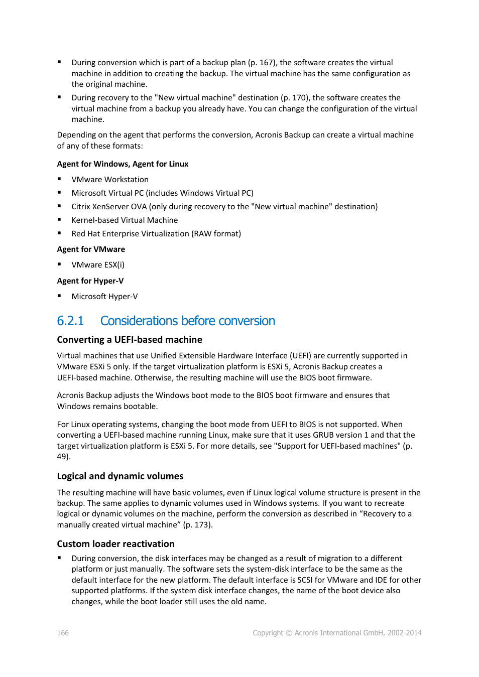 1 considerations before conversion, Considerations before conversion | Acronis Backup for Windows Server Essentials - User Guide User Manual | Page 166 / 442