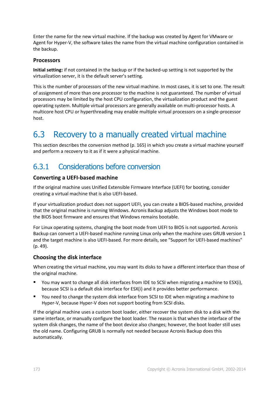 3 recovery to a manually created virtual machine, 1 considerations before conversion, Recovery to a manually created virtual machine | Considerations before conversion, P. 173) | Acronis Backup for Windows Server Essentials - User Guide User Manual | Page 173 / 442