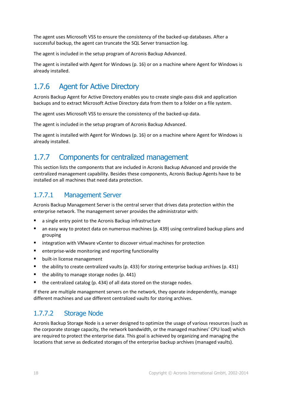 6 agent for active directory, 7 components for centralized management, 1 management server | 2 storage node, Agent for active directory, Components for centralized management | Acronis Backup for Windows Server Essentials - User Guide User Manual | Page 18 / 442