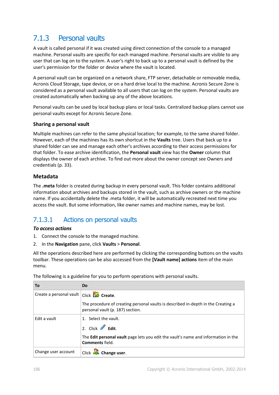 3 personal vaults, 1 actions on personal vaults, Personal vaults | Acronis Backup for Windows Server Essentials - User Guide User Manual | Page 186 / 442
