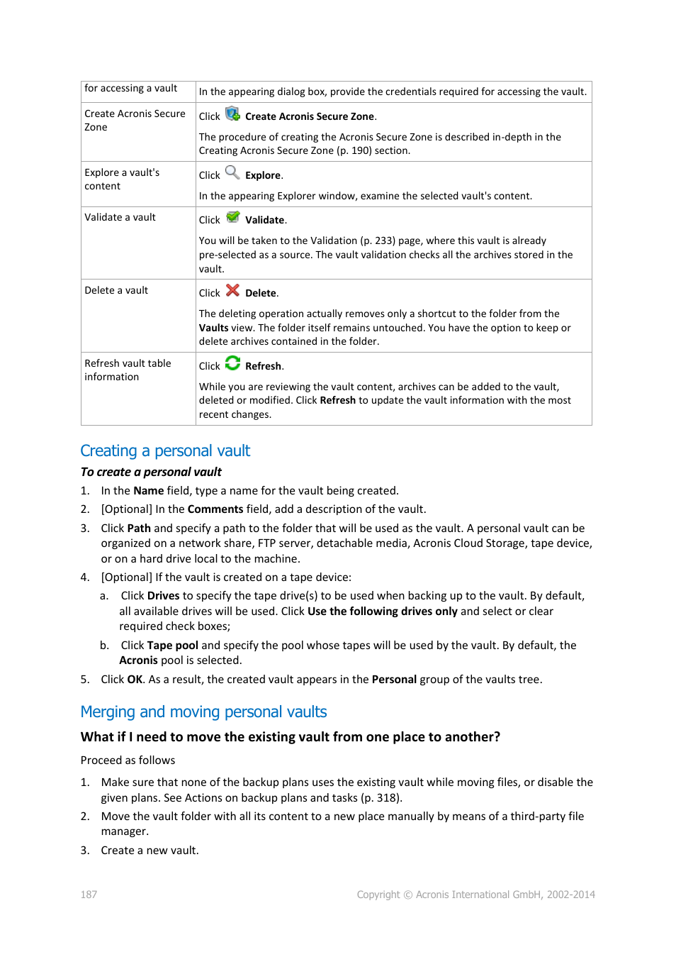 Creating a personal vault, Merging and moving personal vaults | Acronis Backup for Windows Server Essentials - User Guide User Manual | Page 187 / 442