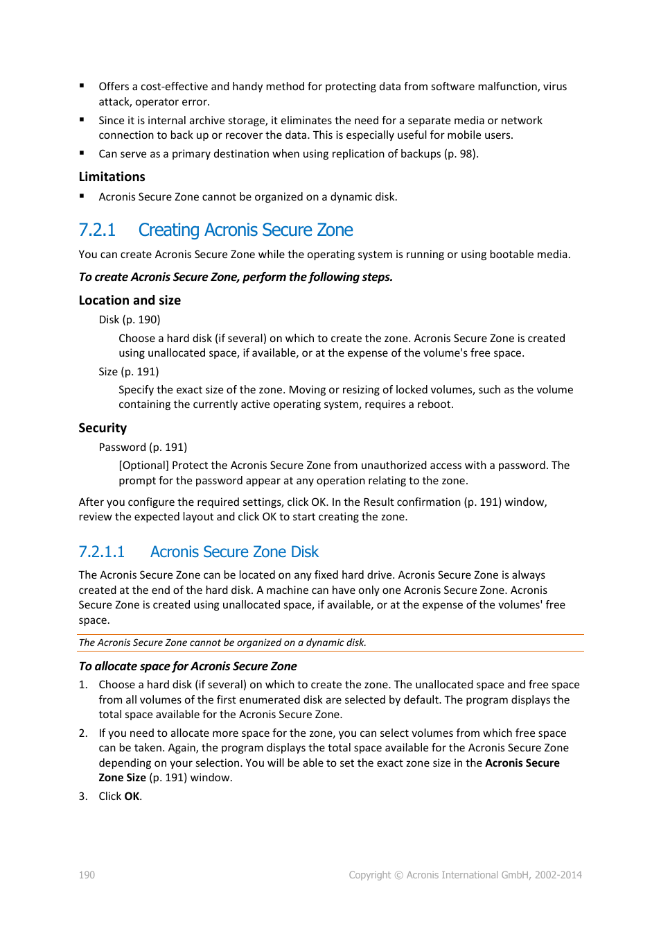 1 creating acronis secure zone, 1 acronis secure zone disk, Creating acronis secure zone | Acronis Backup for Windows Server Essentials - User Guide User Manual | Page 190 / 442