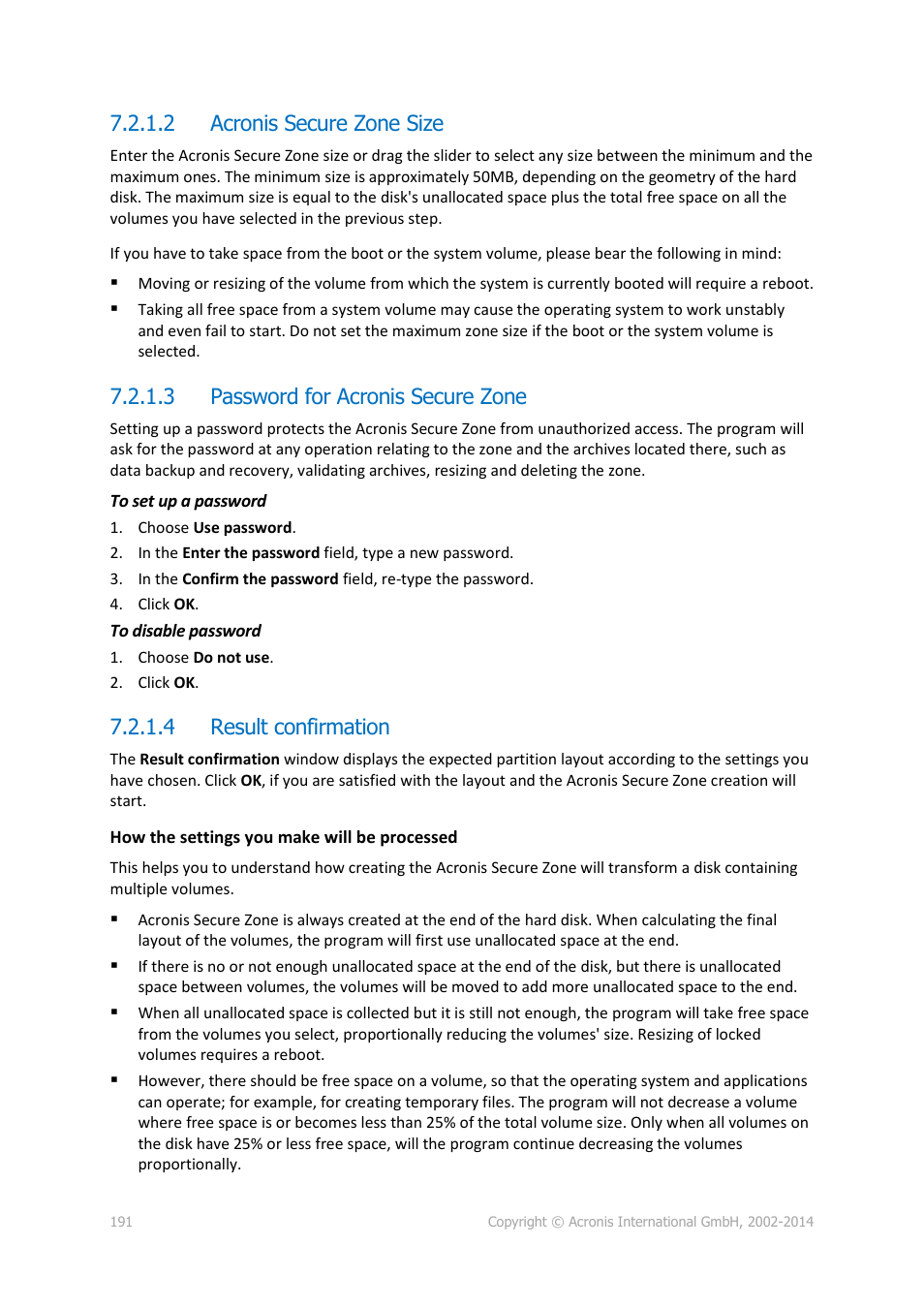 2 acronis secure zone size, 3 password for acronis secure zone, 4 result confirmation | P. 191) | Acronis Backup for Windows Server Essentials - User Guide User Manual | Page 191 / 442
