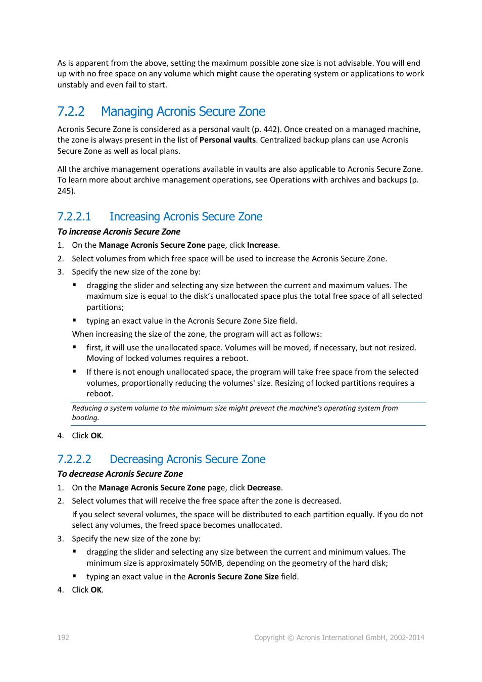 2 managing acronis secure zone, 1 increasing acronis secure zone, 2 decreasing acronis secure zone | Managing acronis secure zone | Acronis Backup for Windows Server Essentials - User Guide User Manual | Page 192 / 442