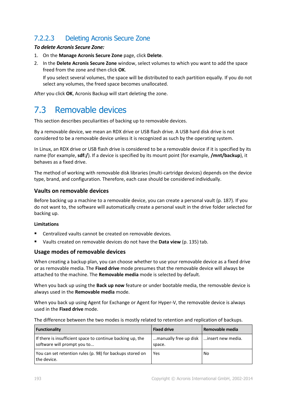 3 deleting acronis secure zone, 3 removable devices, Removable devices | Acronis Backup for Windows Server Essentials - User Guide User Manual | Page 193 / 442